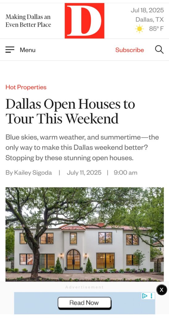 D Magazine Feature of Dallas Open Houses to Tour This Weekend