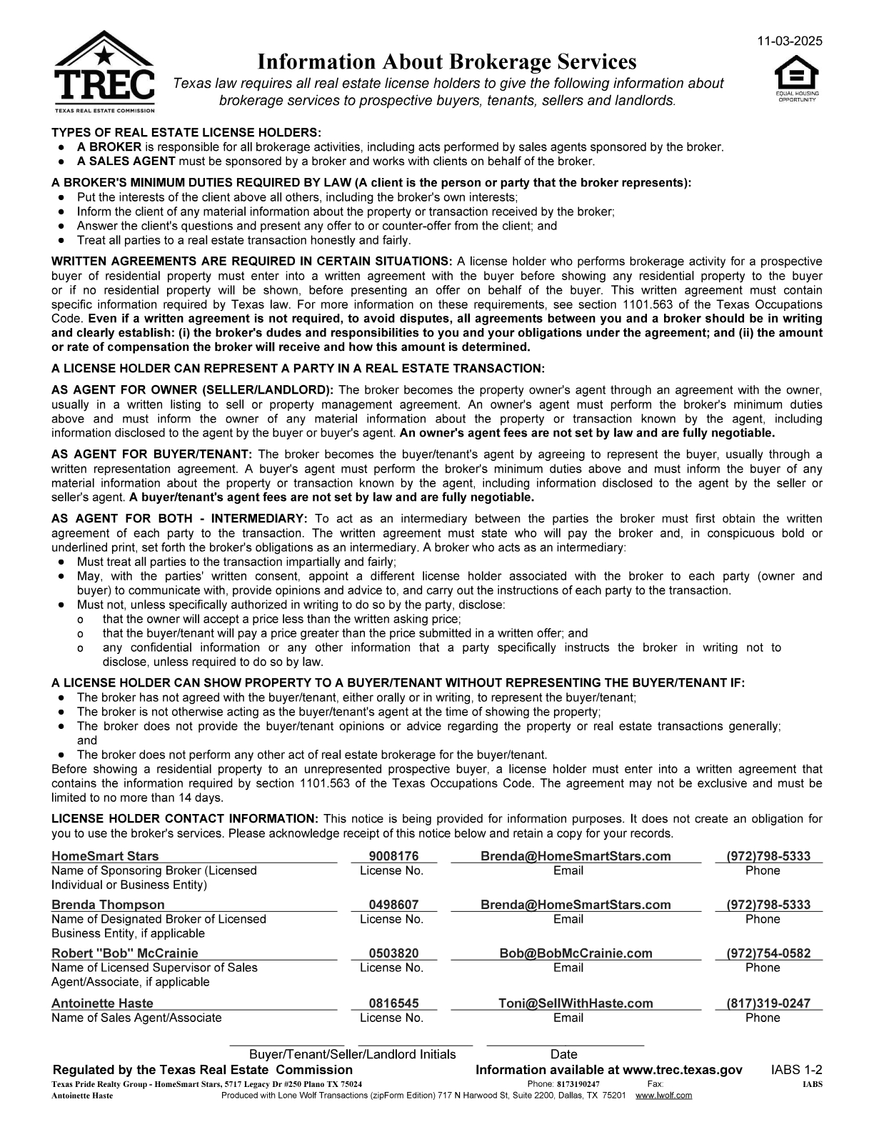 Information About Brokerage Services (Updated 1/1/2026)